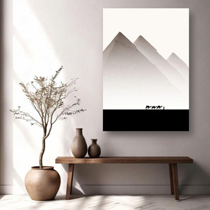 Pyramids of Giza metal print featuring minimalist design and serene desert scene with camels.