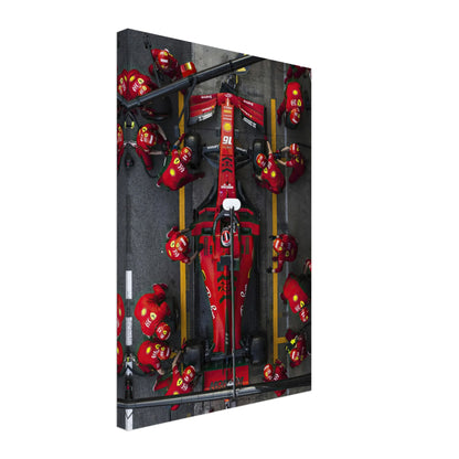 Ferrari pitstop canvas showcasing the speed and precision of Formula 1 with vibrant colors and lifelike details.