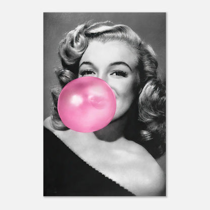 Marilyn Monroe blowing bubble gum in a playful, iconic metal print showcasing Hollywood glamour and cheeky charm.