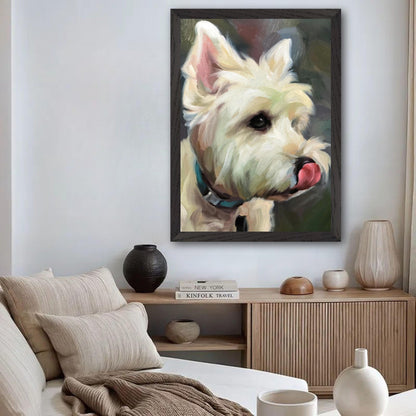 Westie dog painting framed art in a cozy living room setting, showcasing a playful West Highland White Terrier.
