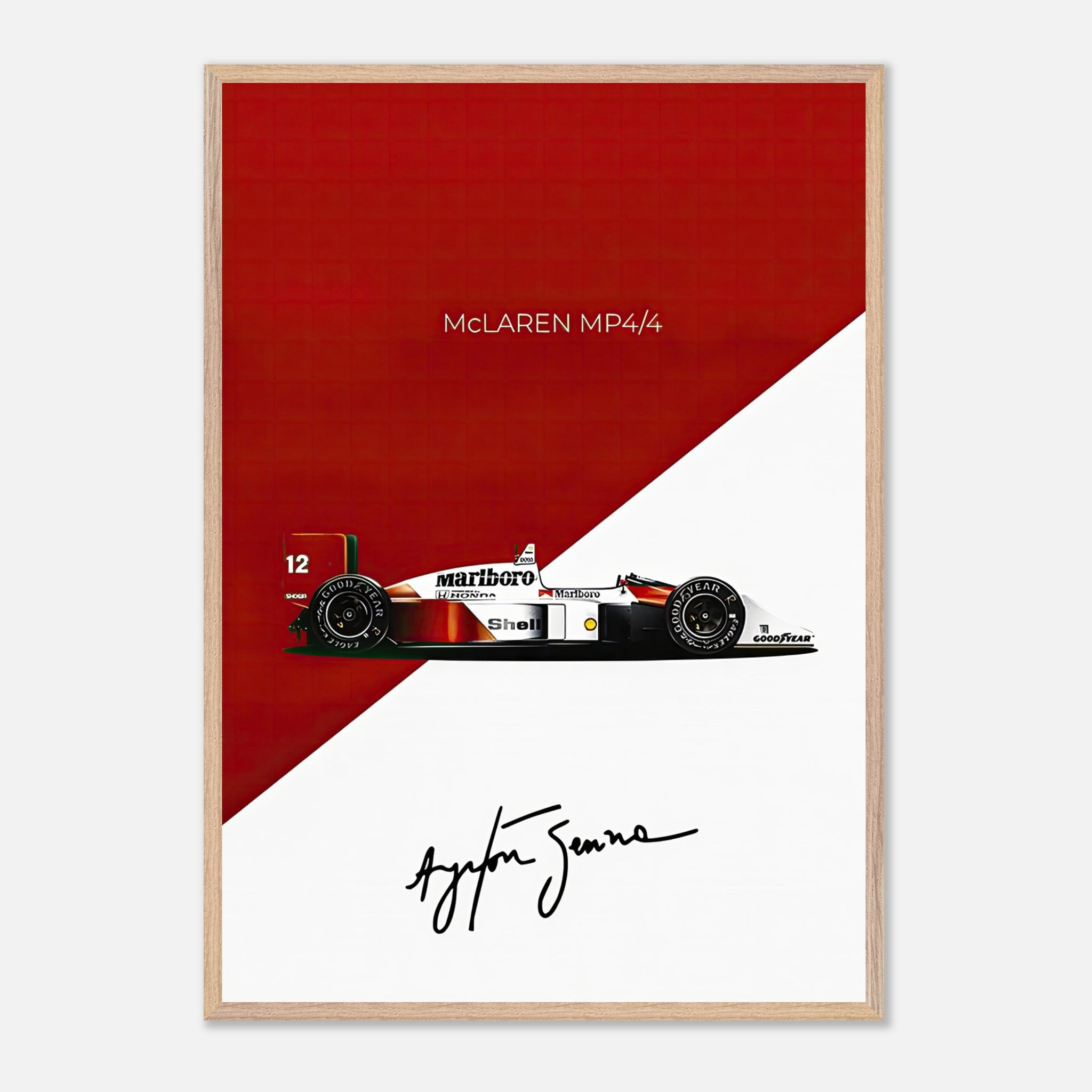 Ayrton Senna McLaren MP4/4 vintage framed print with red and white design and signature, celebrating F1 racing history.