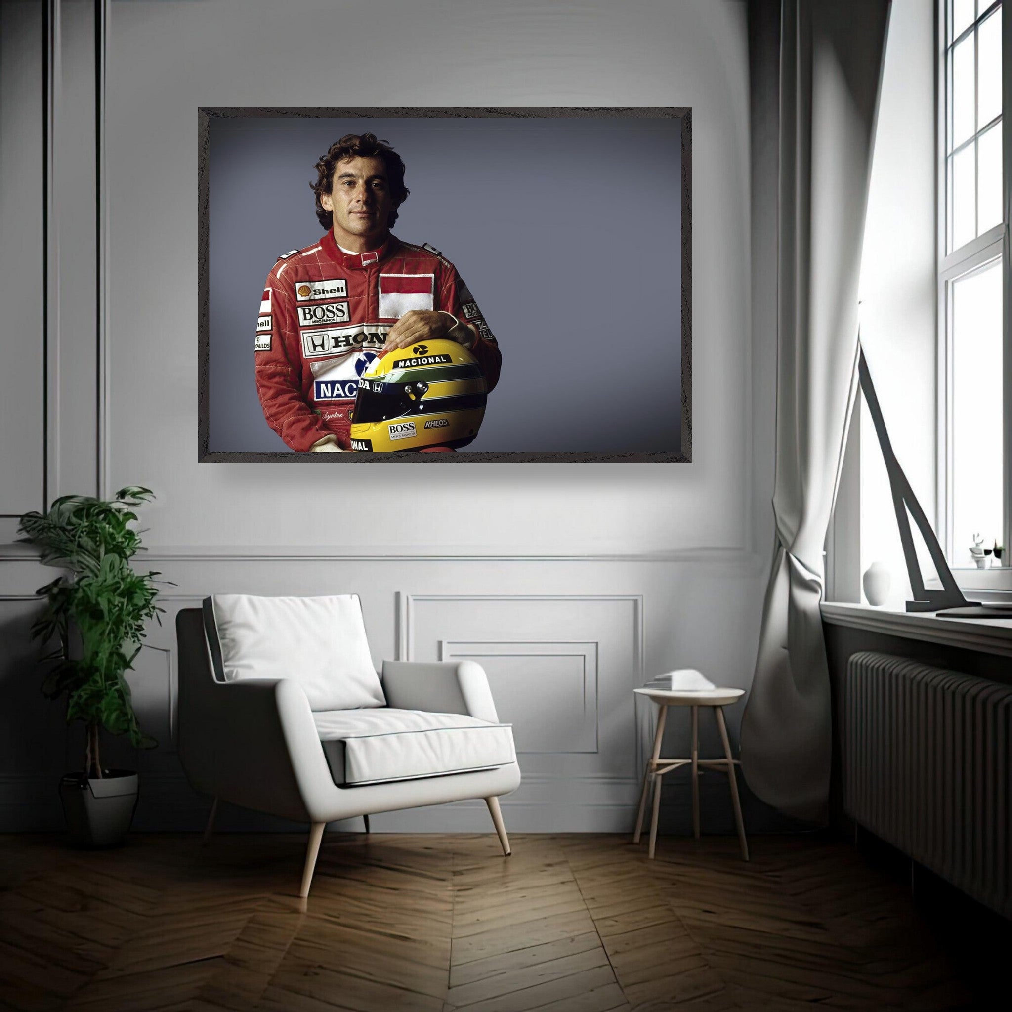 Ayrton Senna fine art print in minimalist frame, showcasing his legacy in motorsport, displayed in a stylish living room.