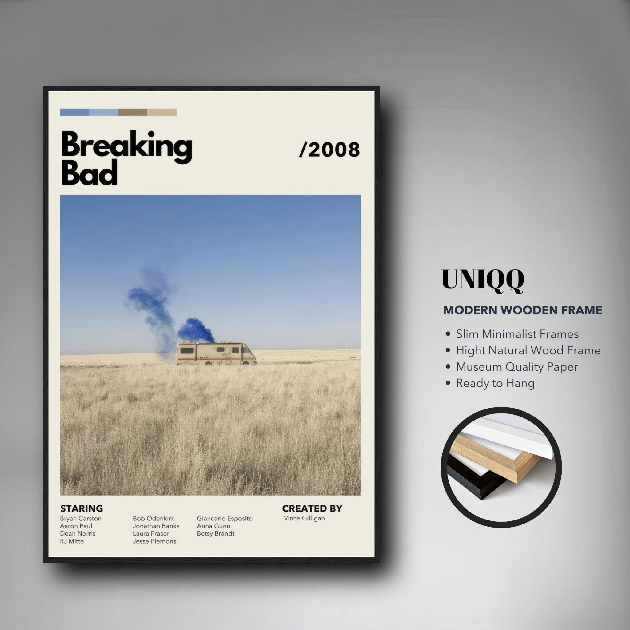 Framed print of Breaking Bad featuring vintage RV in desert with blue smoke, minimalist design and modern wooden frame.