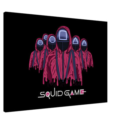 Squid Game Soldiers canvas featuring masked guards in red uniforms on a black background, ideal for fans of the series.