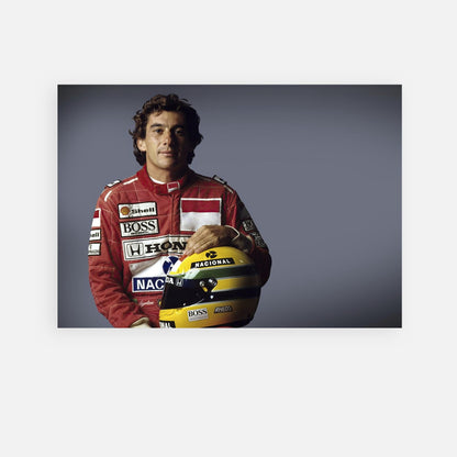 Ayrton Senna portrait with racing helmet, celebrating his legacy in motorsport and Formula 1.