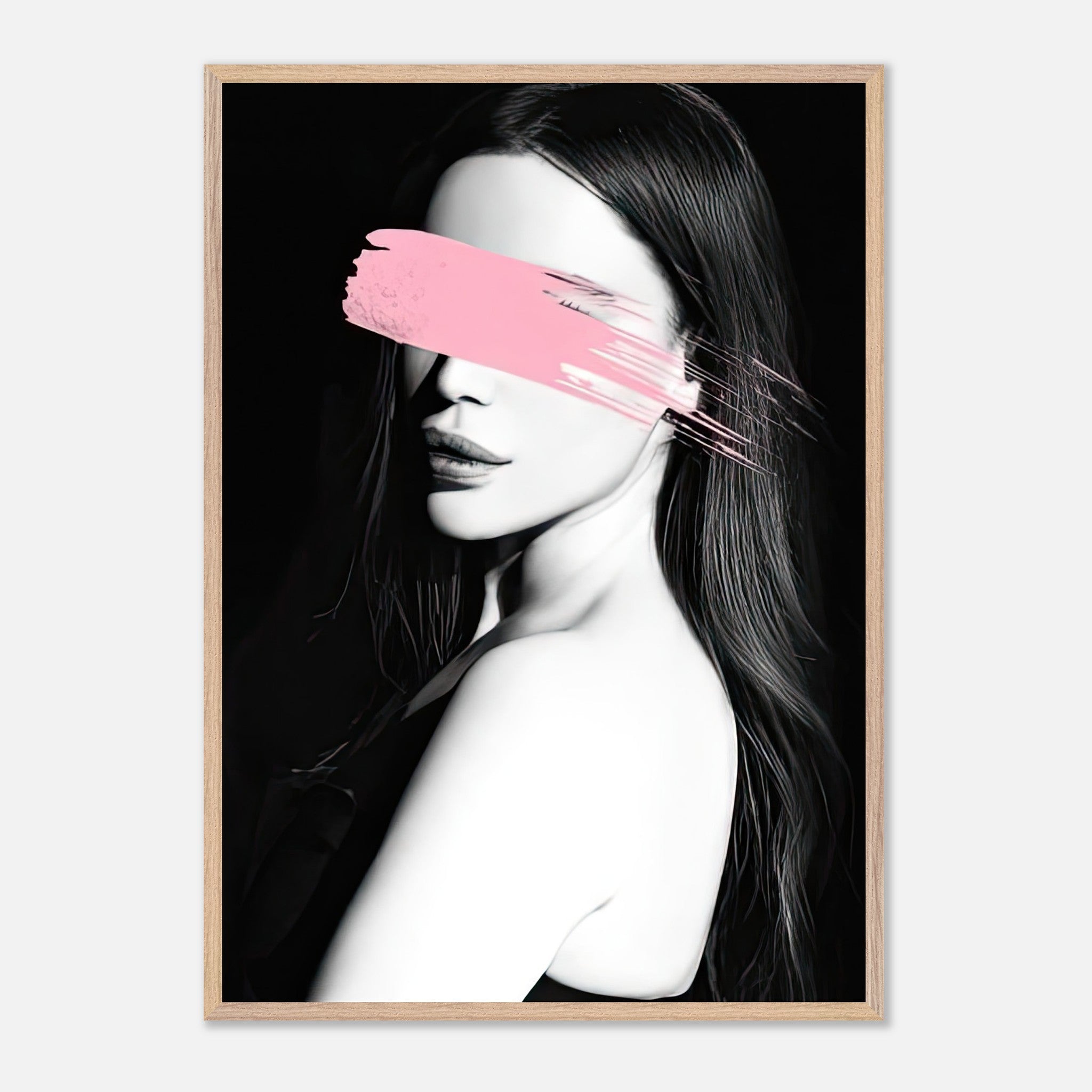 Vintage framed print titled "Pink Blindness" featuring a monochromatic portrait with a pink brushstroke across the eyes.