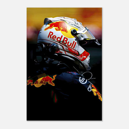 Max Verstappen in Red Bull Racing helmet, brushed metal print showcasing dynamic colors and striking details.