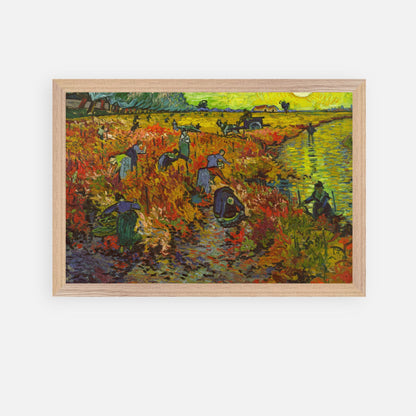 The Red Vineyard painting by Van Gogh in a framed Giclée print, showcasing vibrant autumn colors and textured brushwork.