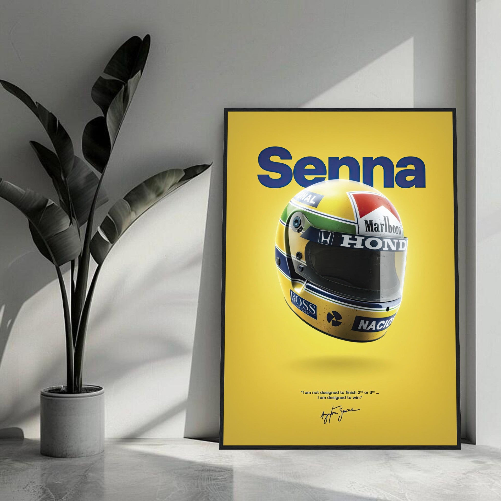 Ayrton Senna helmet framed poster with yellow background and signature quote for motorsport fans and collectors.