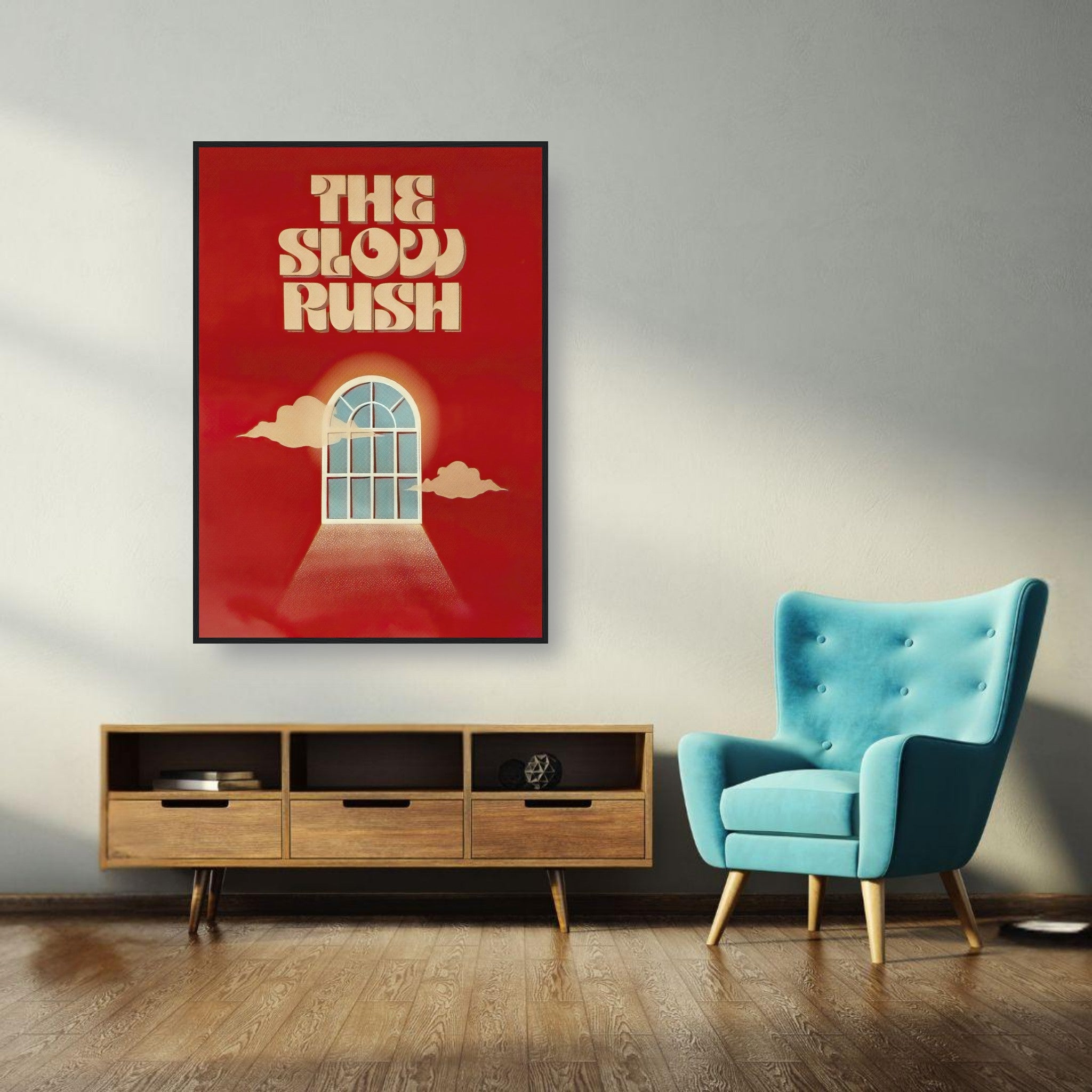 Framed print of 'The Slow Rush' with retro typography and a window design, displayed in a modern living room.