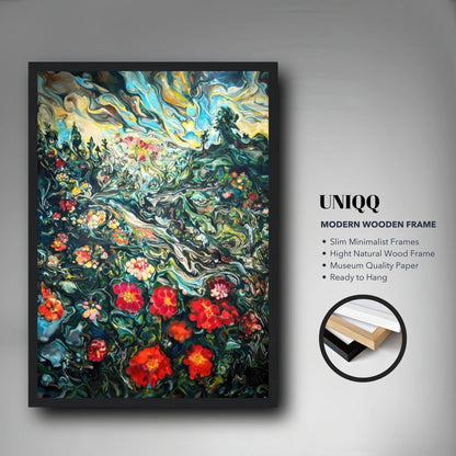 Abstract floral landscape painting with vibrant colors in a modern wooden frame, ready to hang.