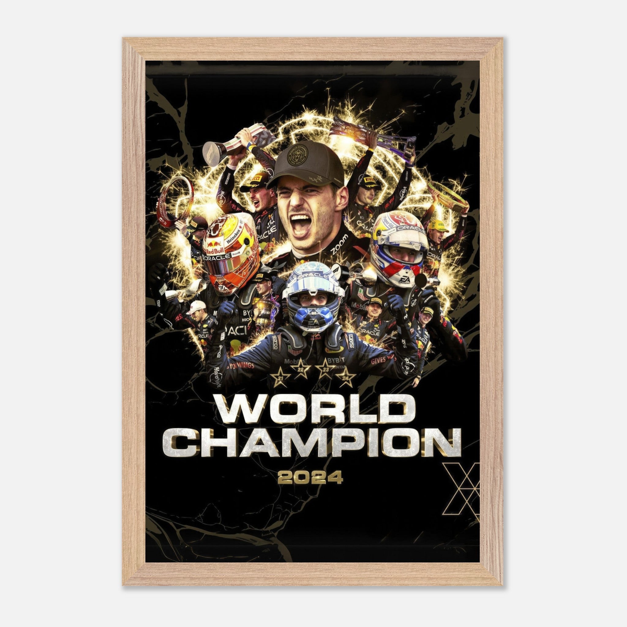 Max Verstappen 2024 World Champion fine art print featuring celebratory imagery and vibrant design.