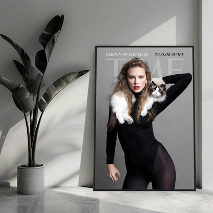 Taylor Swift Time Magazine framed print featuring a portrait with her cat in an elegant setting.