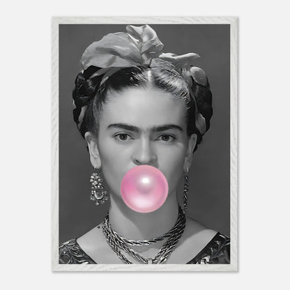 Frida Kahlo vintage framed art featuring black-and-white portrait with pink bubble gum bubble.