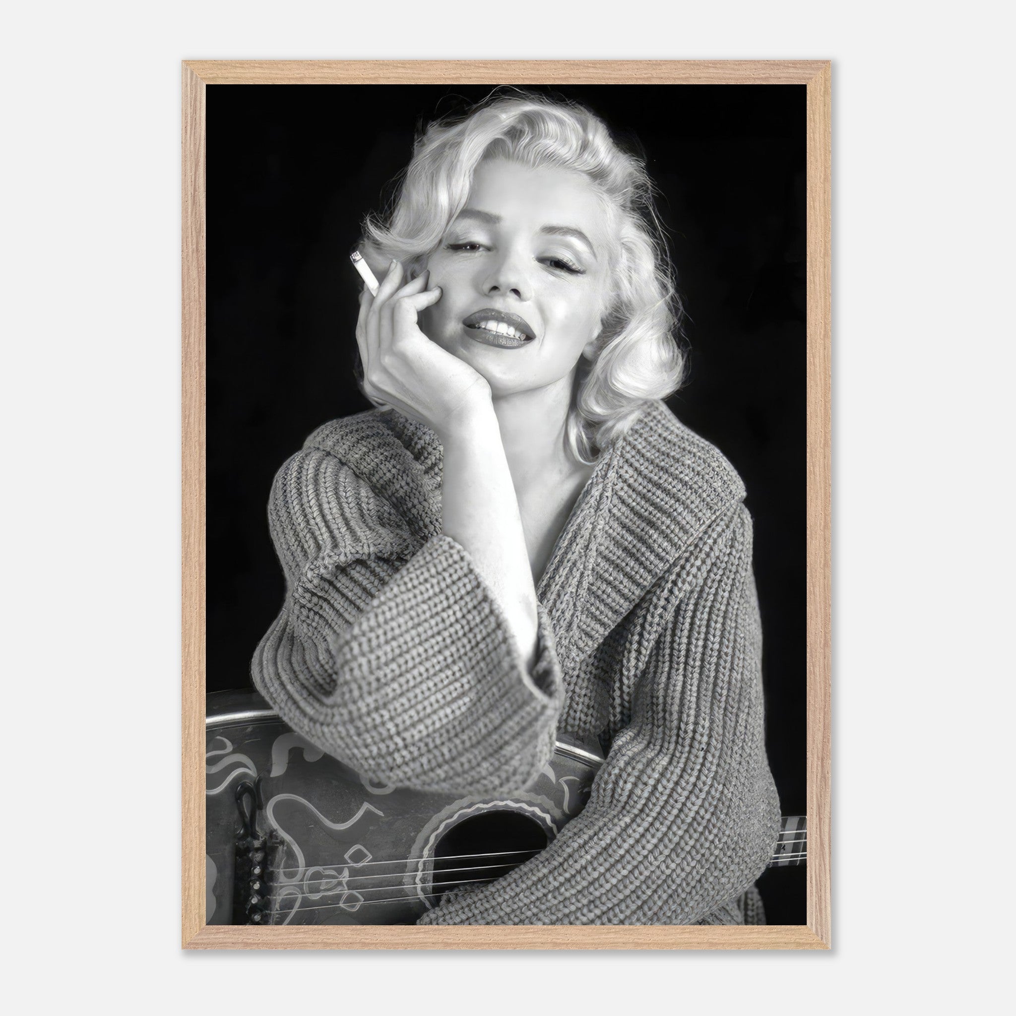 Vintage framed print of Marilyn Monroe smoking, exuding Hollywood glamour and sophistication. Perfect for classic cinema lovers.