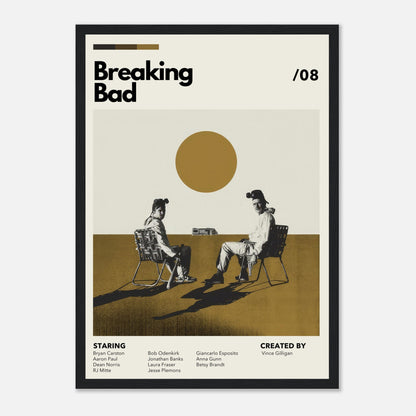 Vintage Breaking Bad framed print featuring Walter White and Jesse Pinkman with a bold sun motif in earthy tones.