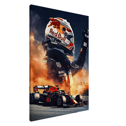 Max Verstappen Red Bull canvas artwork showcasing race car and driver, capturing the thrill of Formula 1 racing.