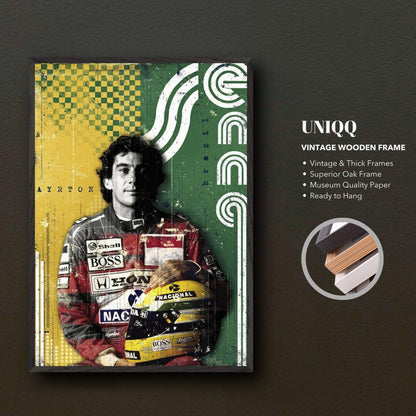 Ayrton Senna vintage framed print featuring vibrant Brazilian colors and retro design, ready to hang.