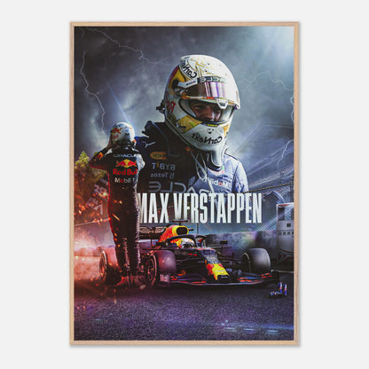 Max Verstappen RedBull Racing fine art print featuring the driver and his racing car, showcasing detailed artistry and vibrant colors.