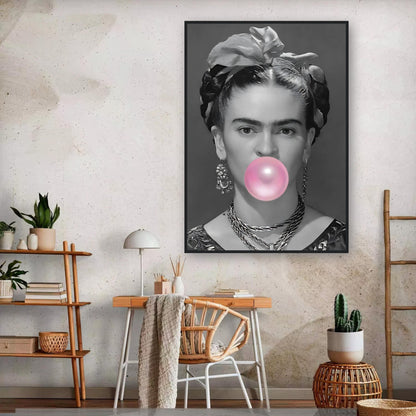 Frida Kahlo Bubble Gum framed print art in modern room decor with pink bubble gum feature.