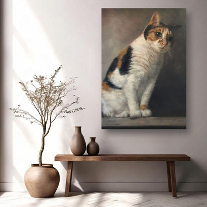 Realistic cat portrait metal print showcased on a wall, complementing modern home decor with a serene atmosphere.