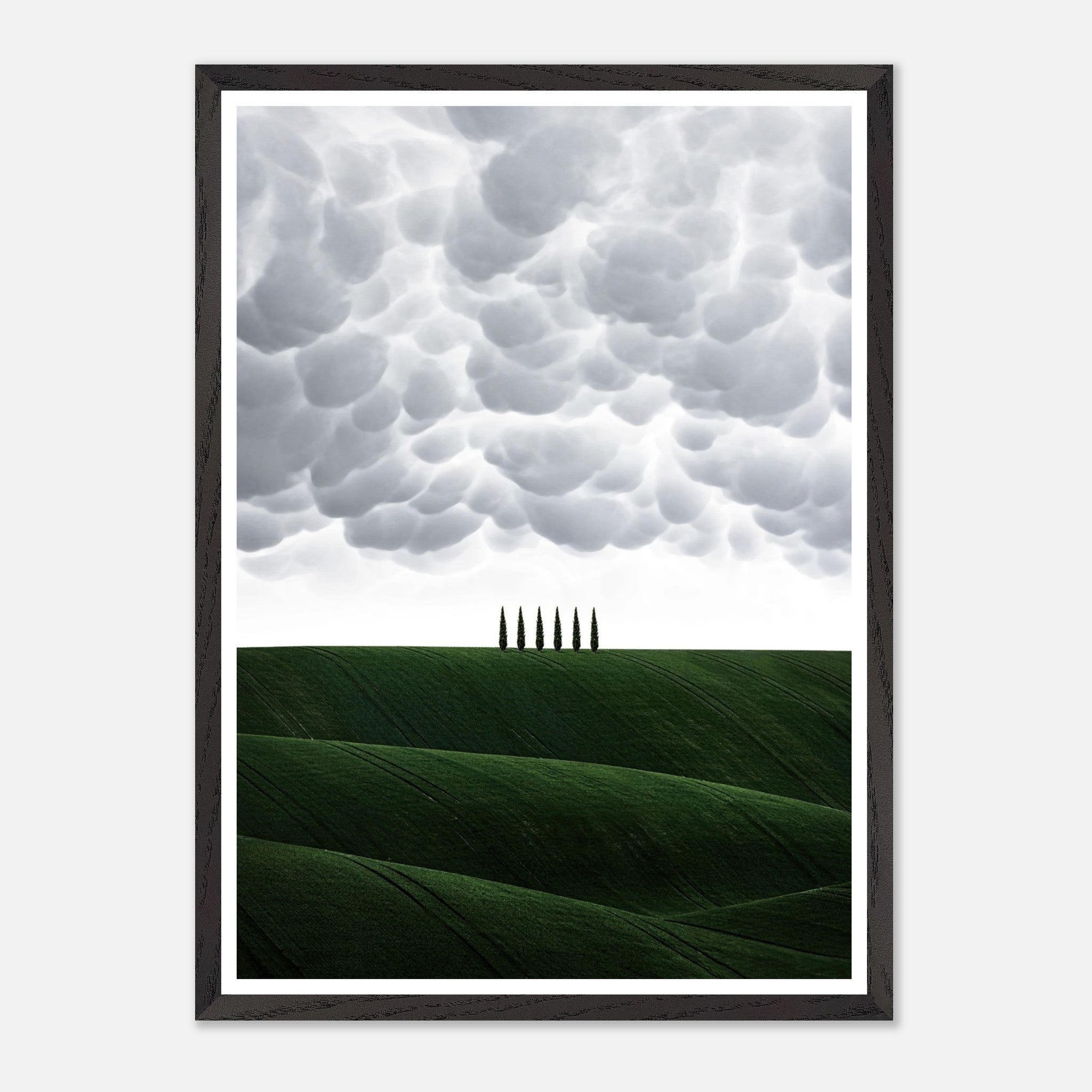 Vintage framed art of Tuscany with green hills and cypress trees under a dramatic sky.