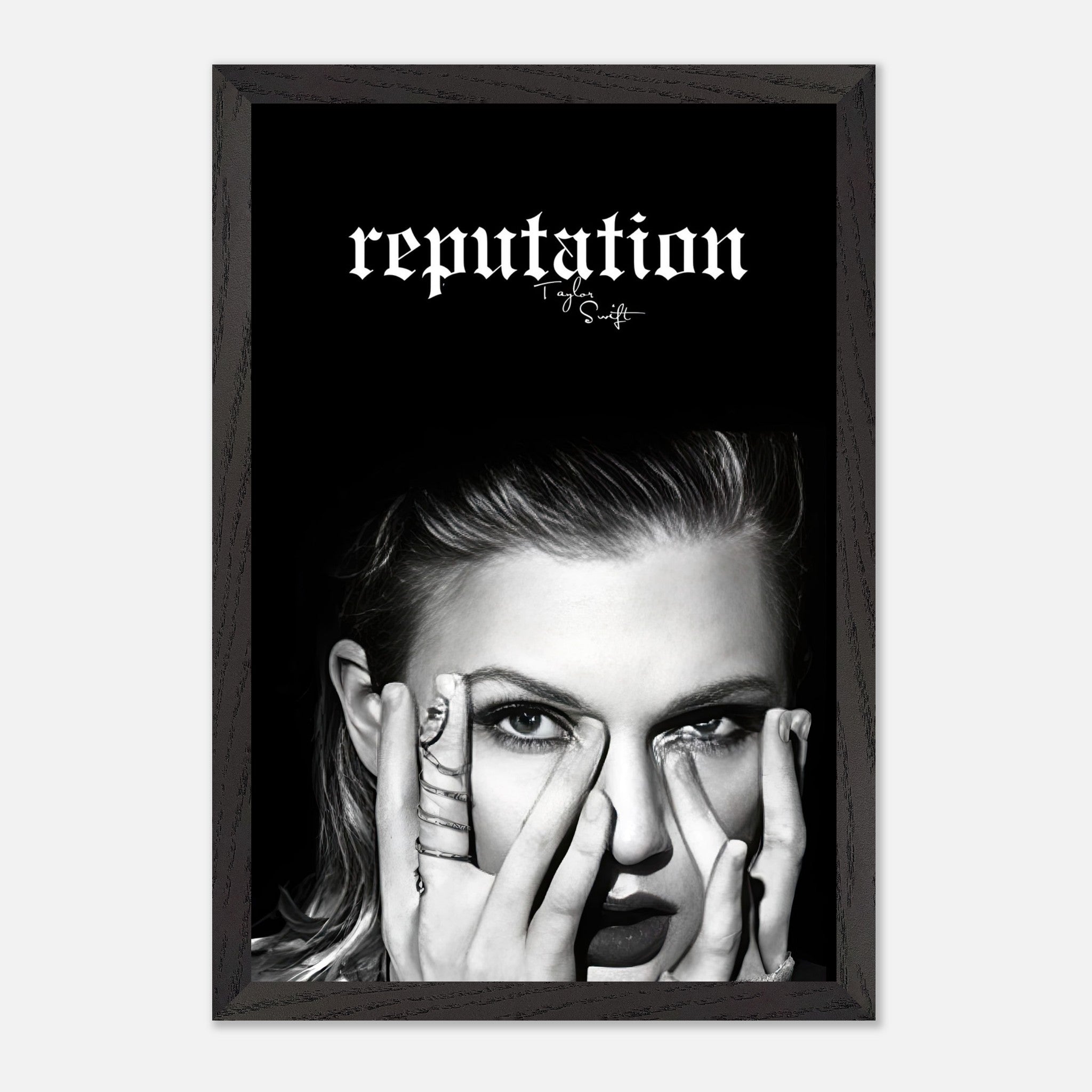 Taylor Swift Reputation vintage framed print with monochrome portrait and bold logo, perfect for fans of her iconic era.