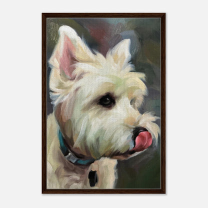 Framed canvas print of a Westie dog painting, showcasing its playful expression and fluffy coat in vibrant colors.