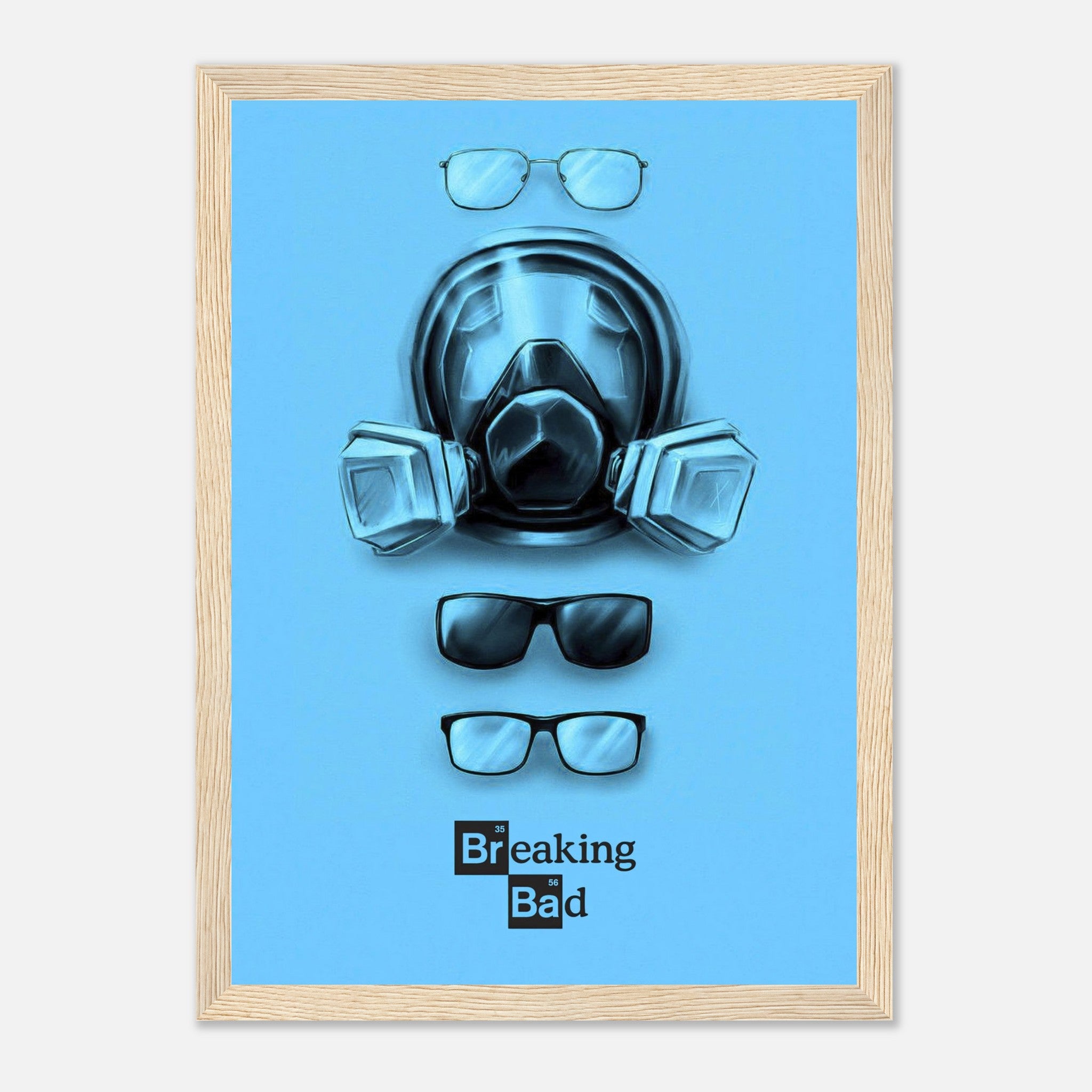 Minimalist Breaking Bad poster featuring a gas mask and glasses on a bold blue background, framed artwork for chemistry fans.