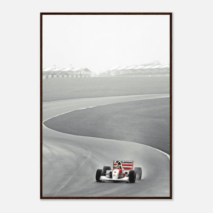 Ayrton Senna driving the McLaren MP4/4 in 1988, framed black and white motorsport photography.