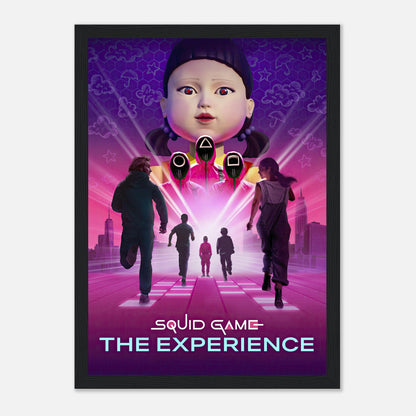 Squid Game Season 2 framed print featuring iconic doll and vibrant colors, showcasing suspense and mystery from the series.