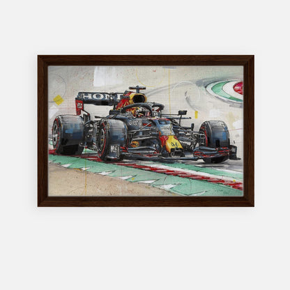 Framed canvas print of Max Verstappen's Red Bull F1 car in action, showcasing vibrant colors and racing excitement.