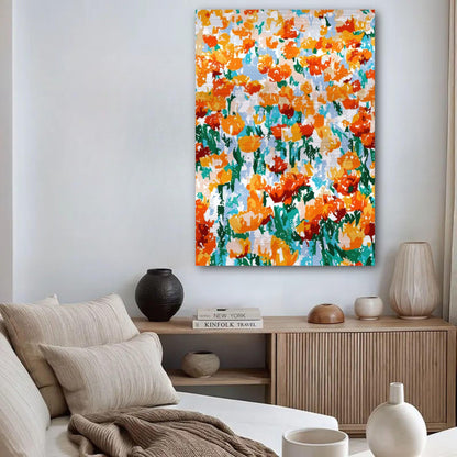 Abstract Floral Tulip Garden print on brushed metal featuring vibrant orange and red tulips in modern living room decor.