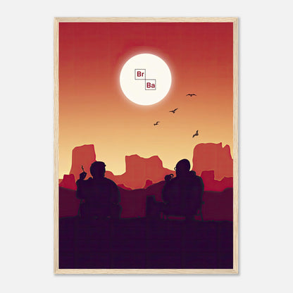 Sunset Breaking Bad framed poster featuring Walt and Jesse under a fiery sunset in a desert landscape.