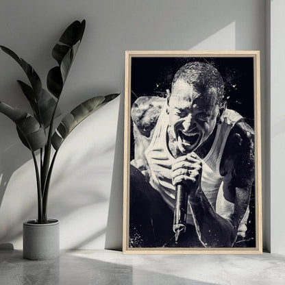 Chester Bennington framed canvas print showcasing his intense performance as a powerful vocalist for Linkin Park.