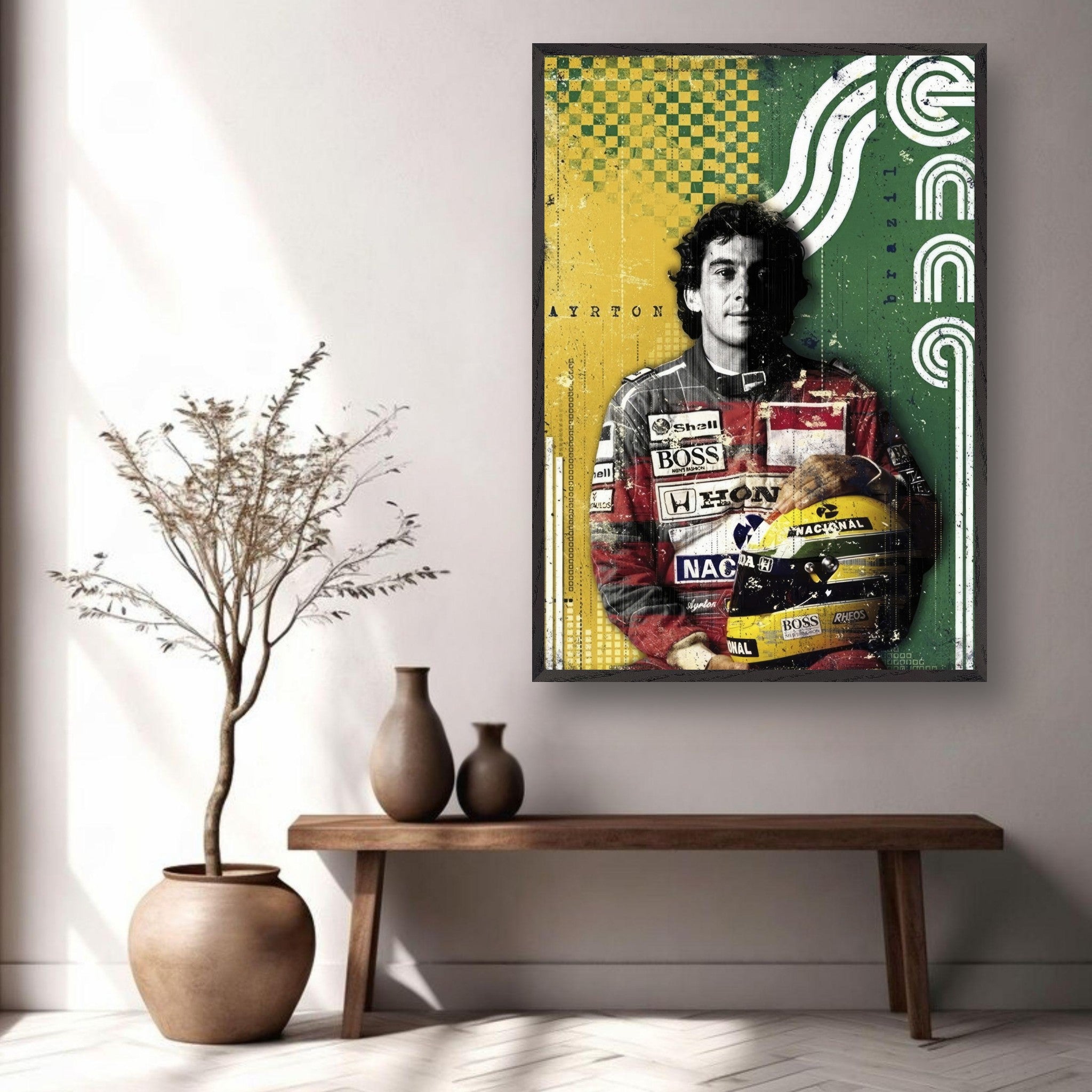 Vintage framed print of Ayrton Senna in Brazilian colors, showcasing the F1 legend's charisma and racing spirit.