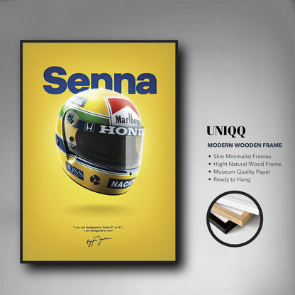 Ayrton Senna helmet framed poster with vibrant colors and quote, perfect for motorsport fans and collectors.