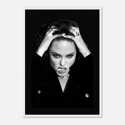 Black-and-white framed print of a fierce woman with striking expression and bold glamour. Perfect for stylish decor.