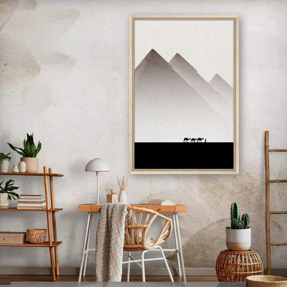 Pyramids of Giza Framed Canvas Print in a modern living room with earthy tones and minimalist design.