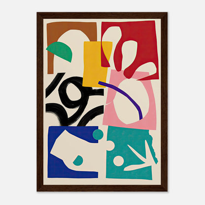 Framed Abstract Harmony print featuring geometric and organic shapes in vibrant colors on a neutral background.