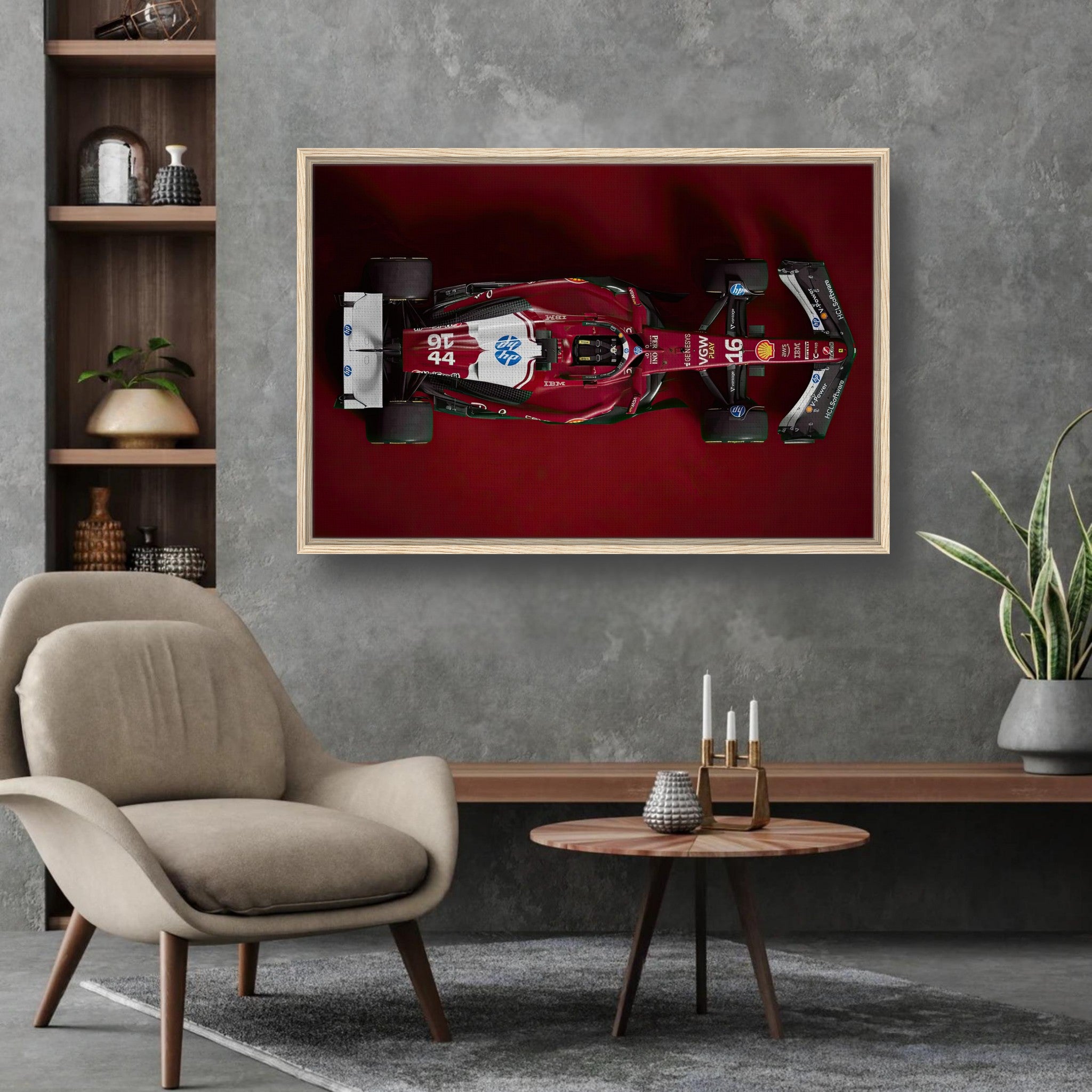 Ferrari F1 2025 framed canvas print showcasing top view of the sleek racing car against a red background in a modern living room.