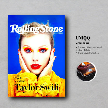 Taylor Swift Rolling Stone Magazine metal print featuring vibrant colors and iconic cover image on premium aluminum.