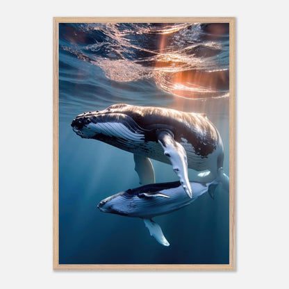 Underwater photography print of humpback whale and calf, showcasing their grace in vibrant ocean colors.