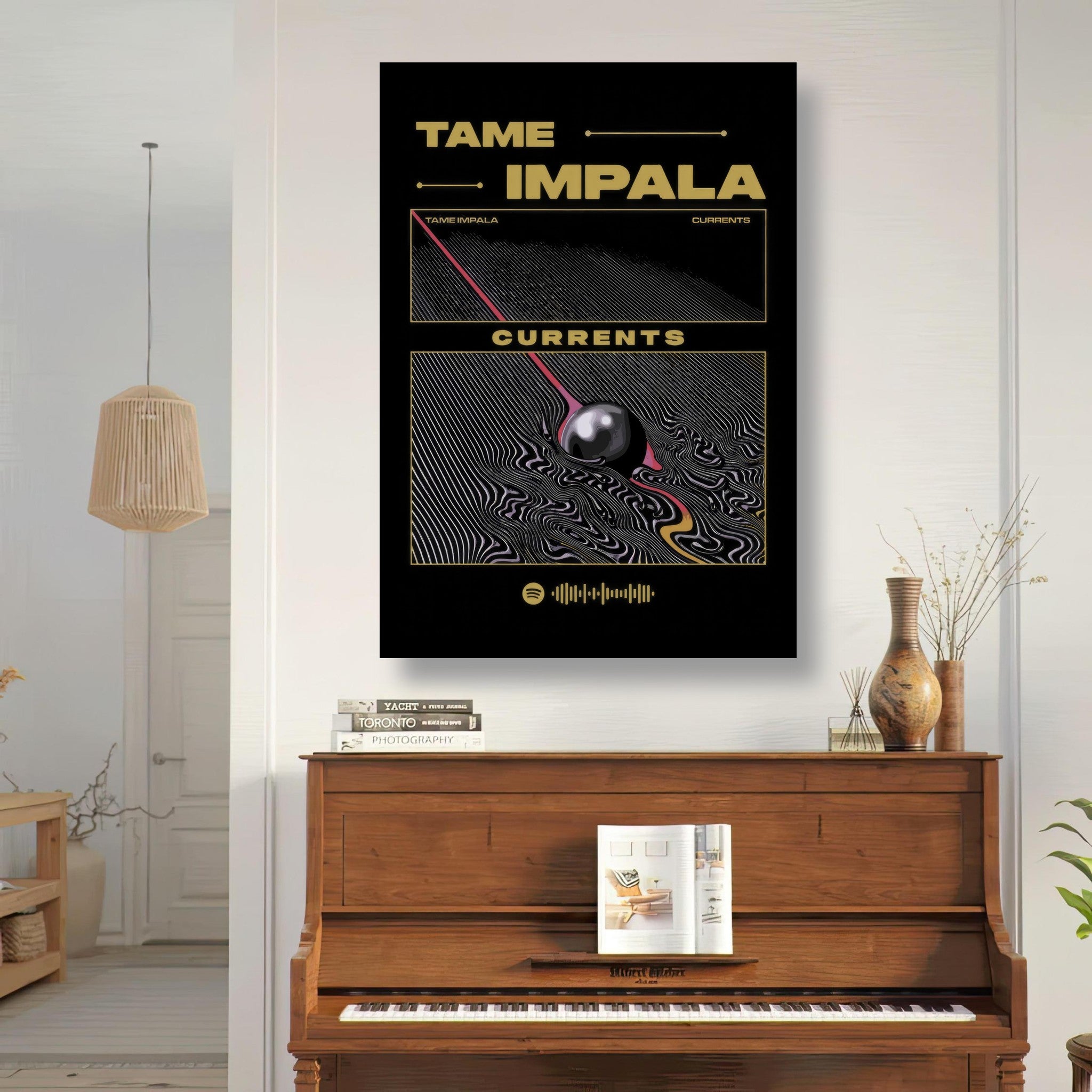 Tame Impala Currents metal poster displayed in a stylish room above a piano, featuring bold colors and hypnotic design.