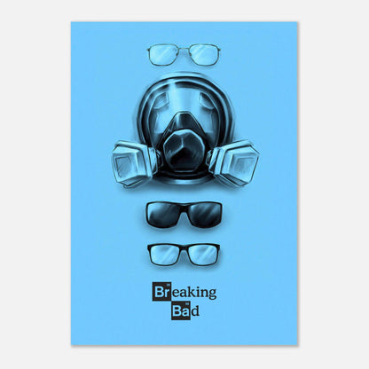 Minimalist Breaking Bad metal poster featuring a gas mask and eyewear on a vibrant blue background.