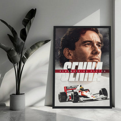 Framed print of Ayrton Senna, featuring a portrait and racing car, symbolizing his legacy in Formula 1.