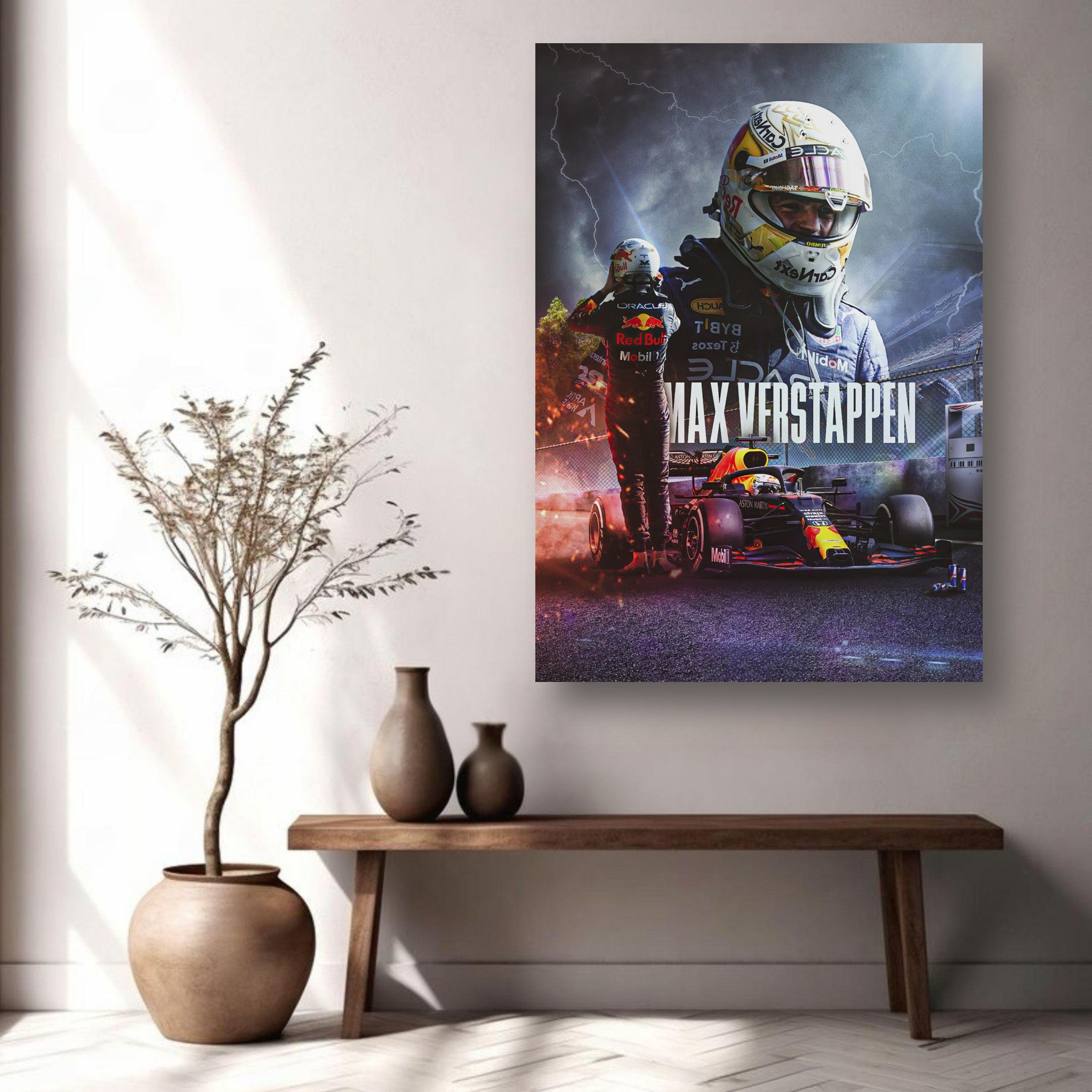 Max Verstappen Red Bull Racing metal print showcased in a modern living space with decorative plants and vases.