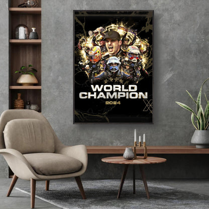 Framed fine art print of Max Verstappen celebrating his 2024 F1 World Champion victory in a stylish living room setting.