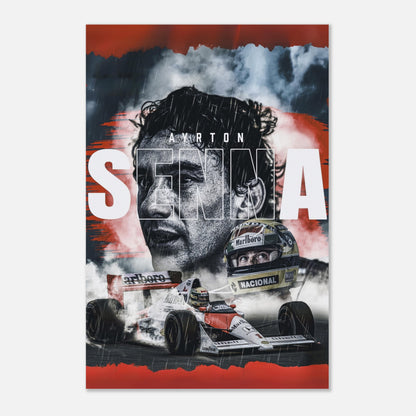 Ayrton Senna metal print featuring bold imagery of the F1 legend and his iconic race car in dynamic colors.