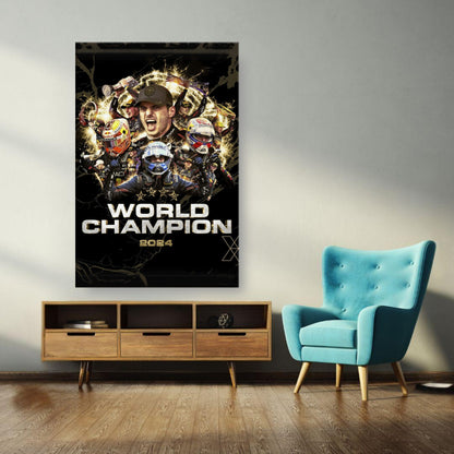 Max Verstappen 2024 World Champion canvas print displayed in a modern living room setting.